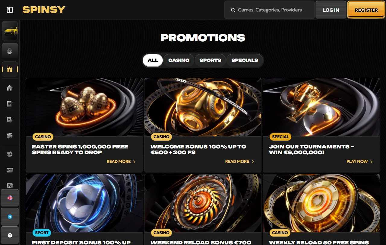 Spinsy Casino games library and live play overview