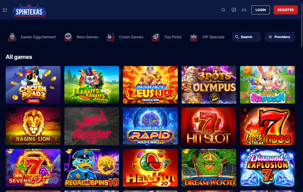 Spintexas Casino games library with slots and live dealer content