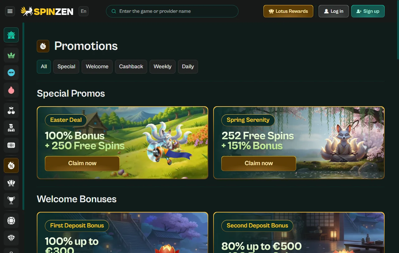 Spinzen Casino games library with slots, tables, and live action