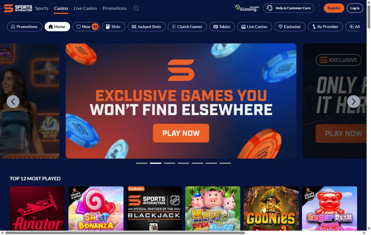 Sports Interaction Casino game selection with slots and live dealer access