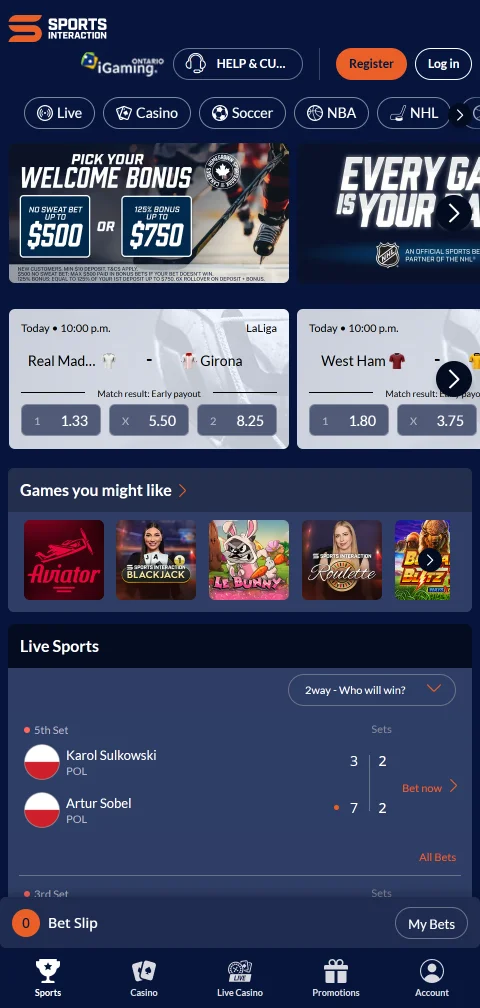 Sports Interaction Casino mobile access for iOS and Android users