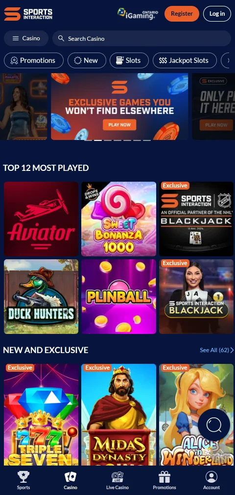 Sports Interaction Casino payment methods including Interac and card options