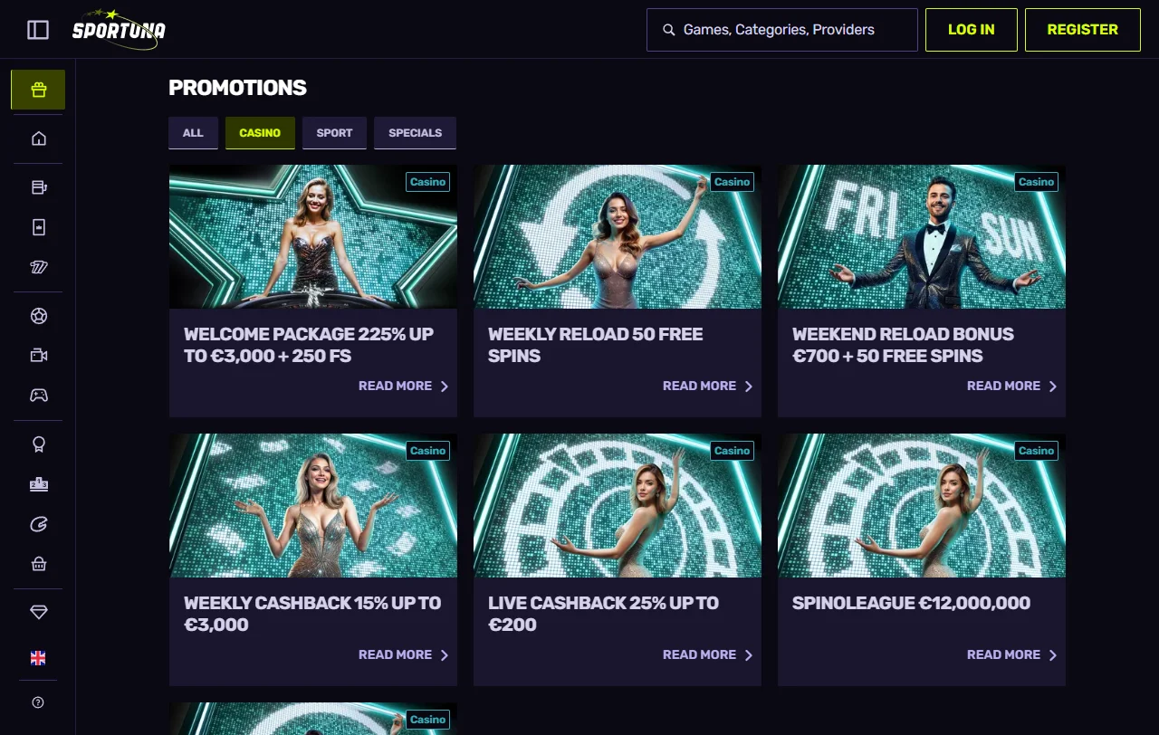 Sportuna Casino slots, tables and live dealer selection