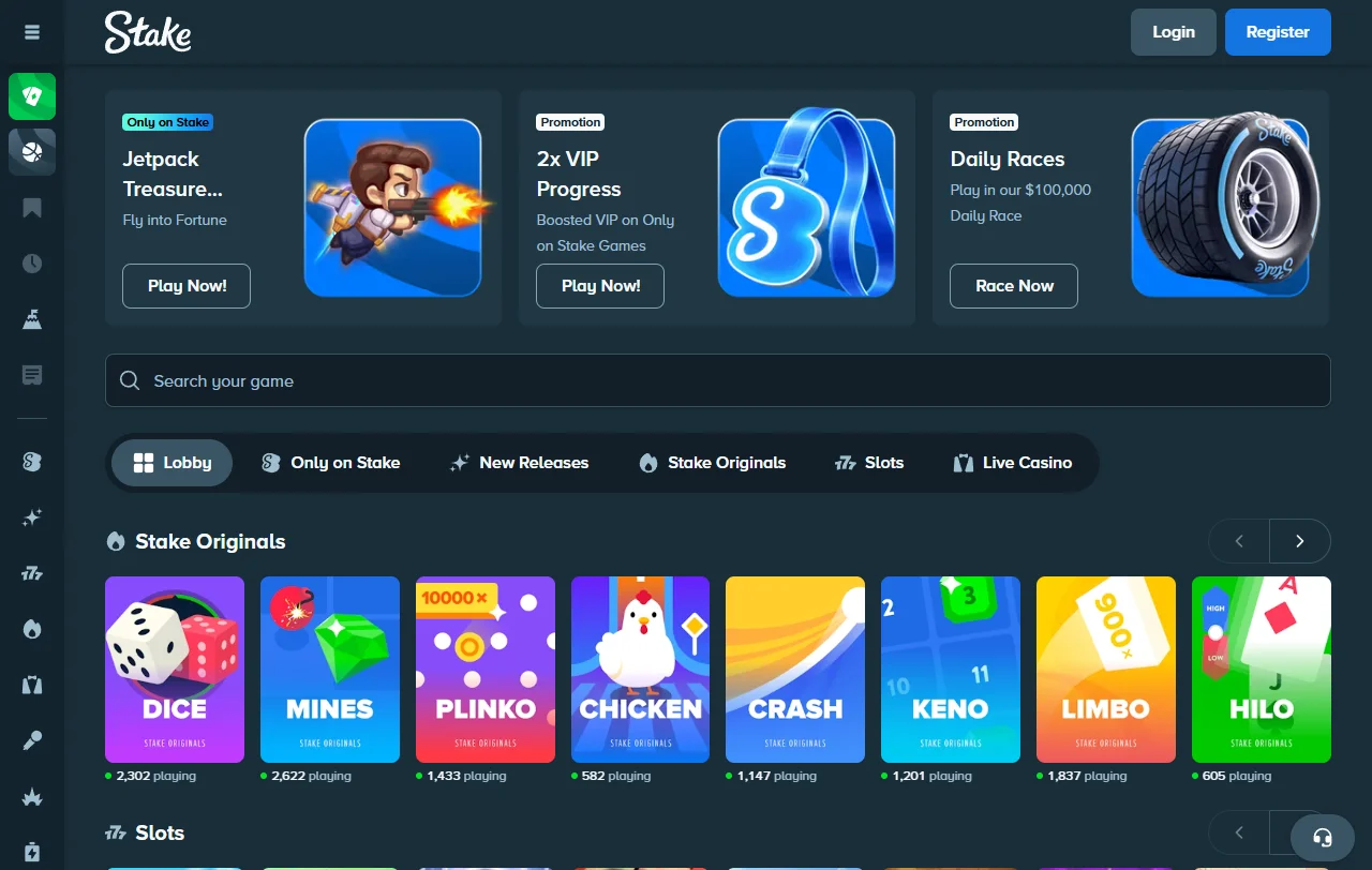 Stake Casino slots, live dealer tables, and original games
