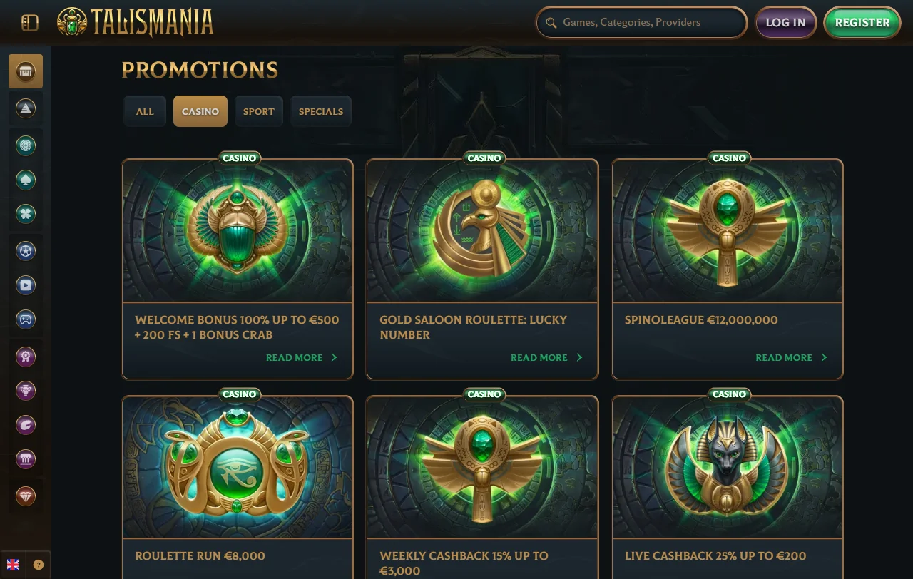Talismania Casino library overview with slots, tables and providers