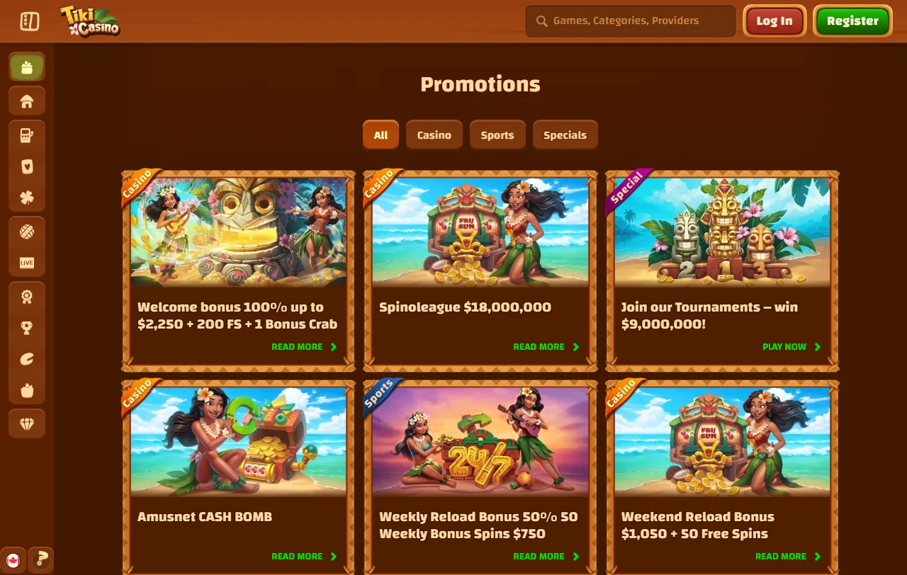 Tiki Casino game library with slots and live dealer variety