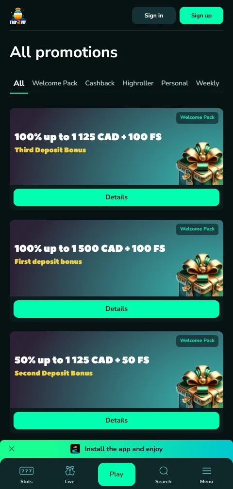 Trip2Vip Casino deposits and withdrawals for Canada banking options