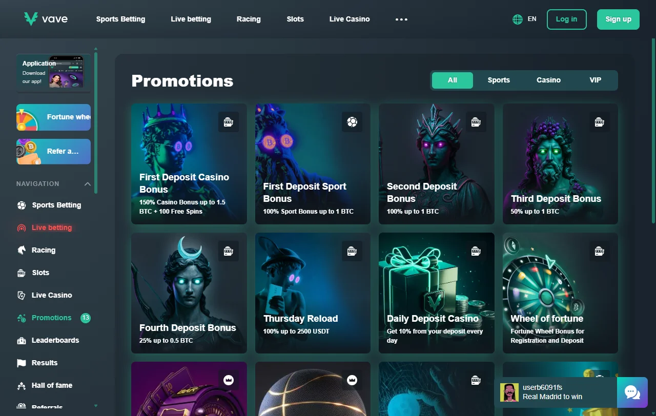 Vave Casino games library with slots and live dealer options