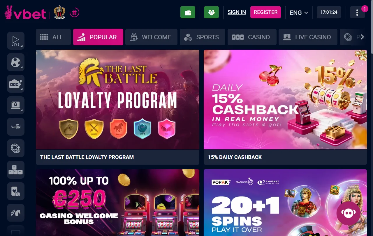 Vbet Casino game selection with slots and live dealer coverage