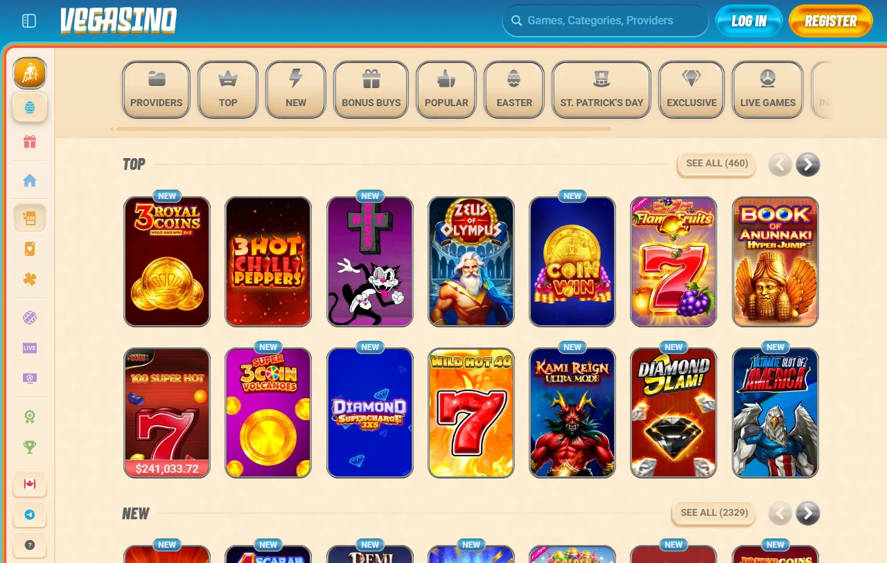 Vegasino Casino slots and live dealer selection overview