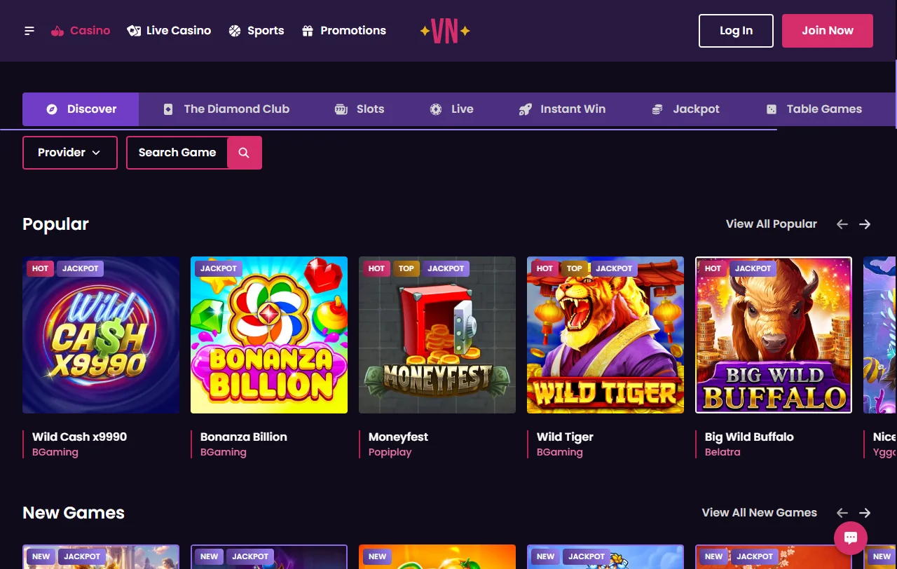 VegasNow Casino slots, live tables and library coverage