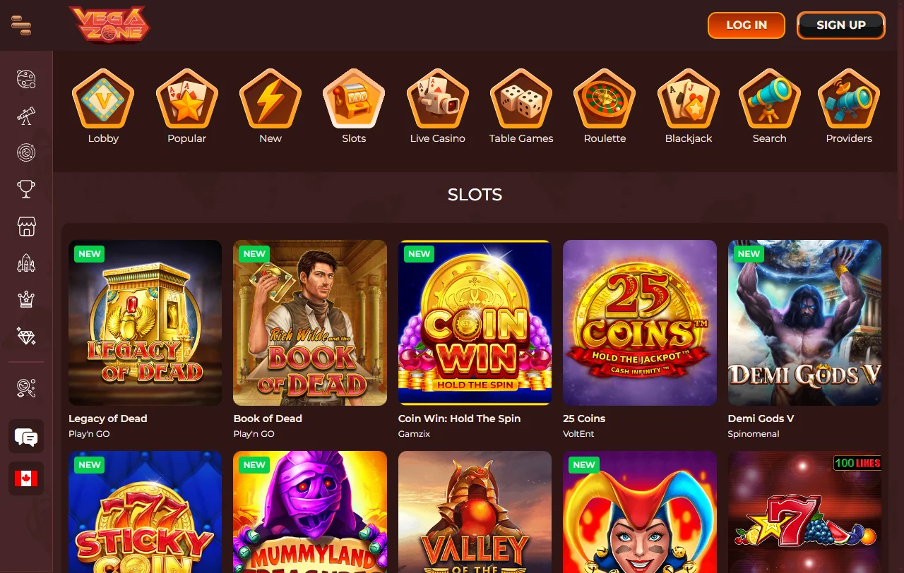 VegaZone Casino games library with slots tables and live options