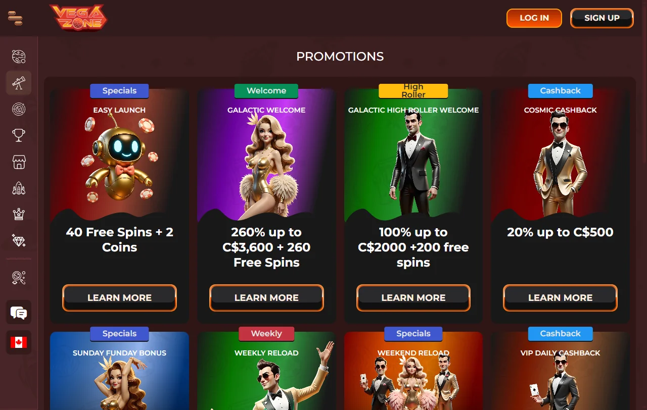 VegaZone Casino bonus terms and welcome offer details for Canada