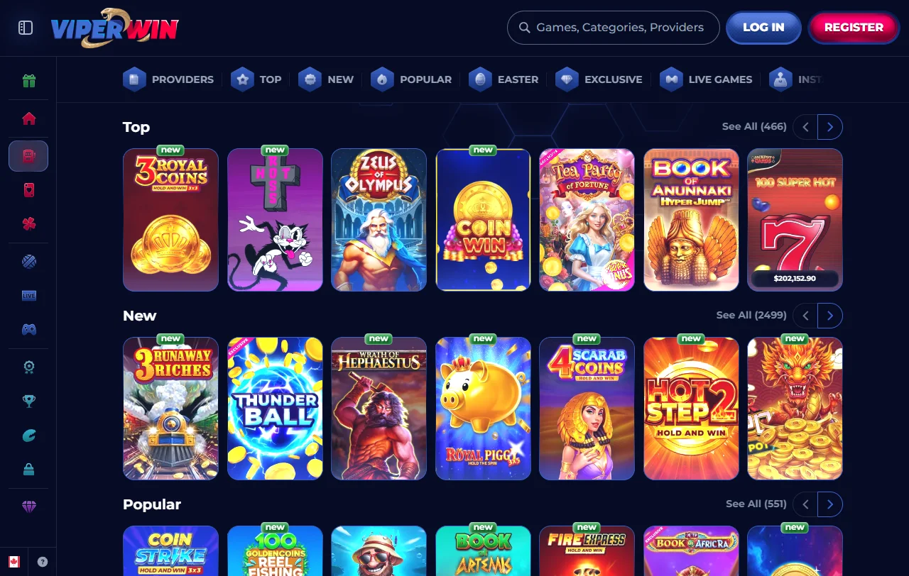 ViperWin Casino slots, live tables, and game variety