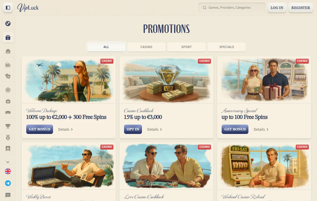 VipLuck Casino games overview with slots, live dealer tables, and providers