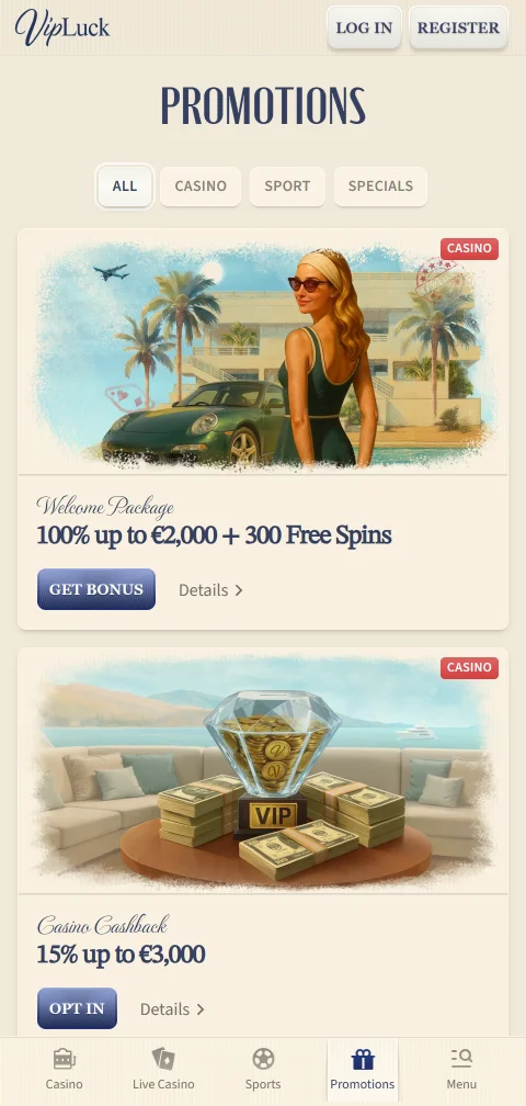 VipLuck Casino banking overview showing deposits, withdrawals, and payment options