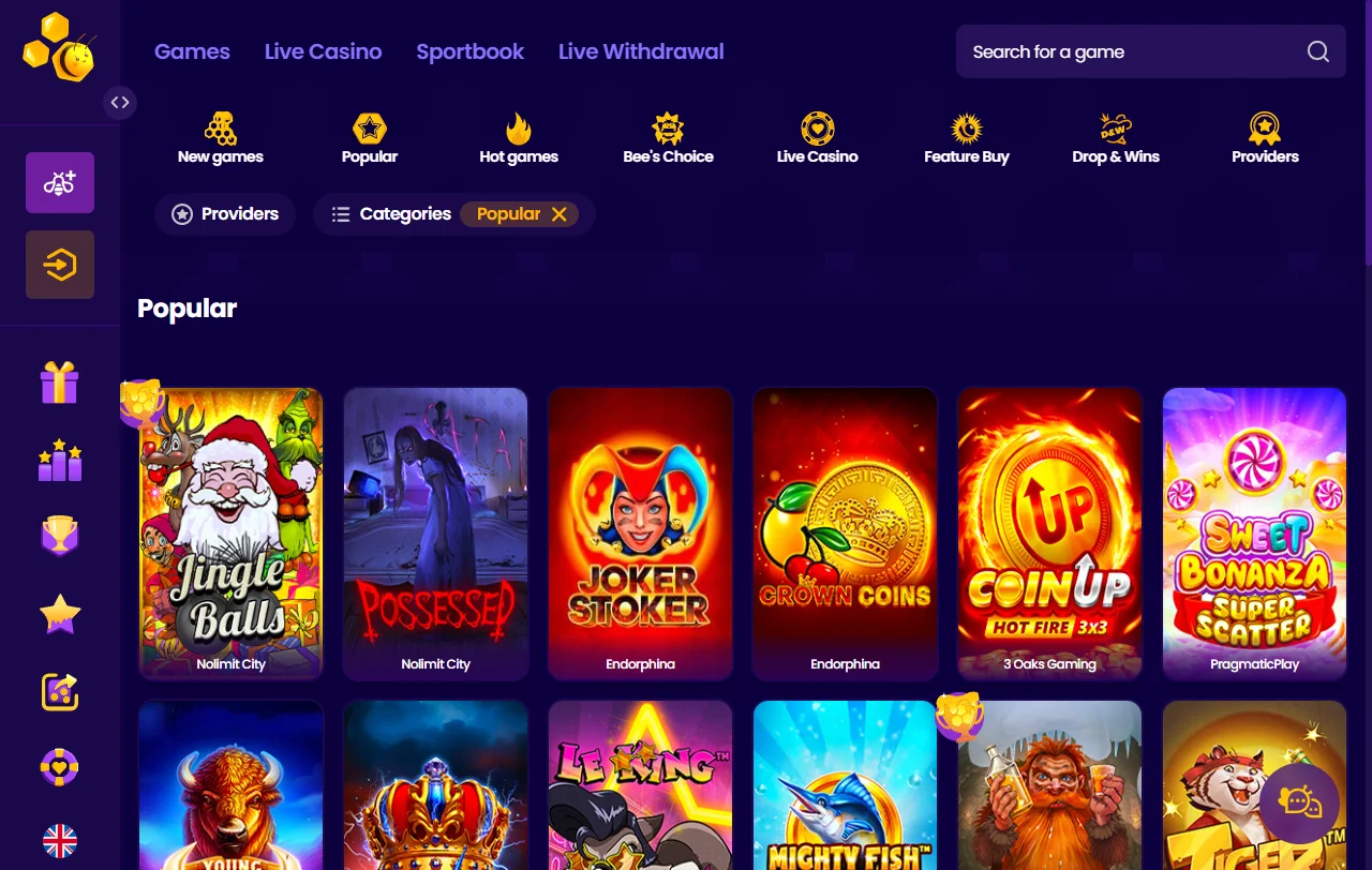 Wazbee Casino games, slots and live dealer coverage in Canada