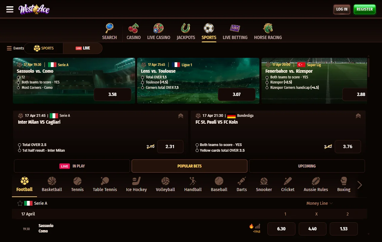 Westace Casino game library overview with slots and live dealer options