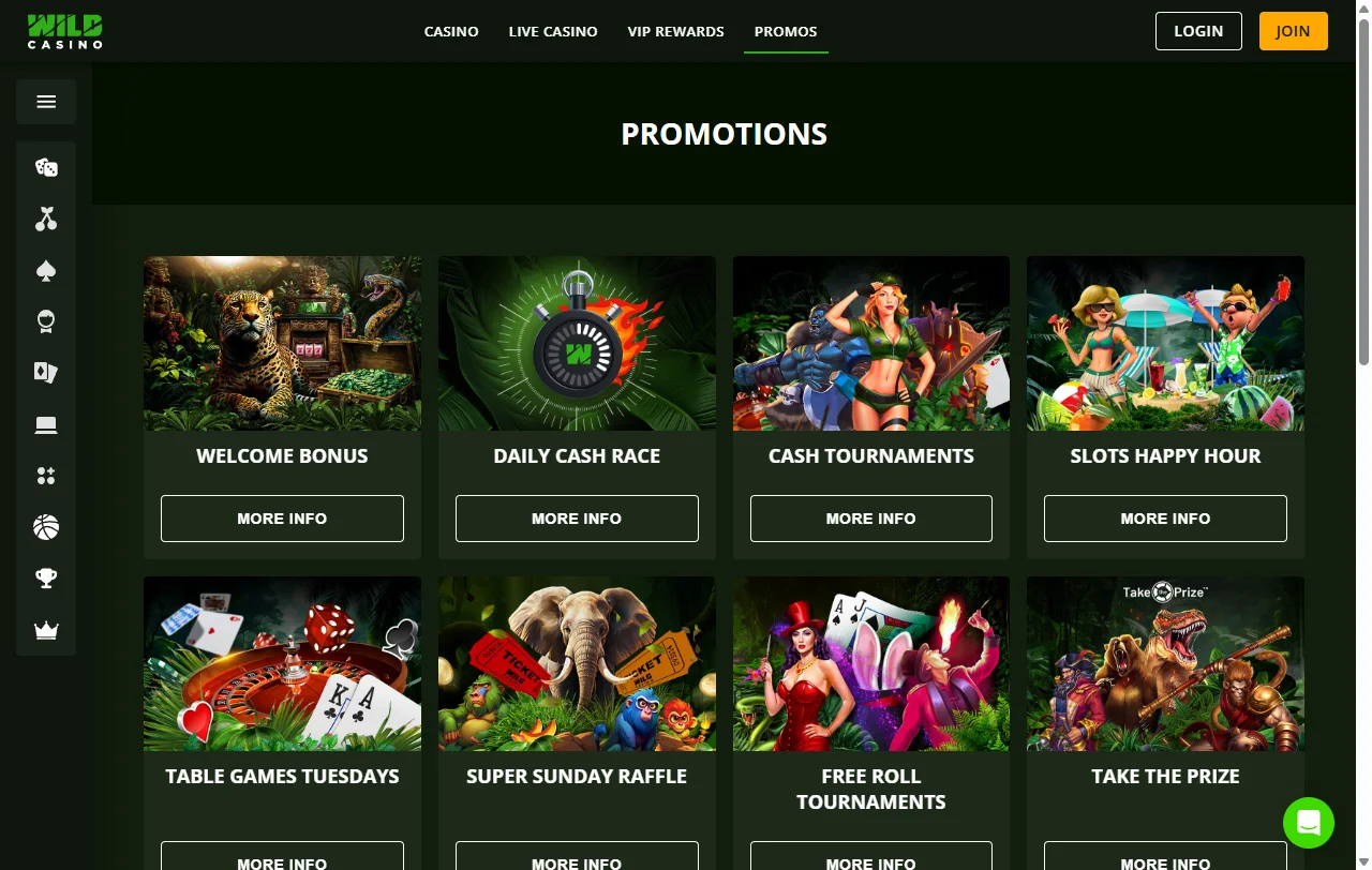 Wild Casino games library with slots, live tables and software