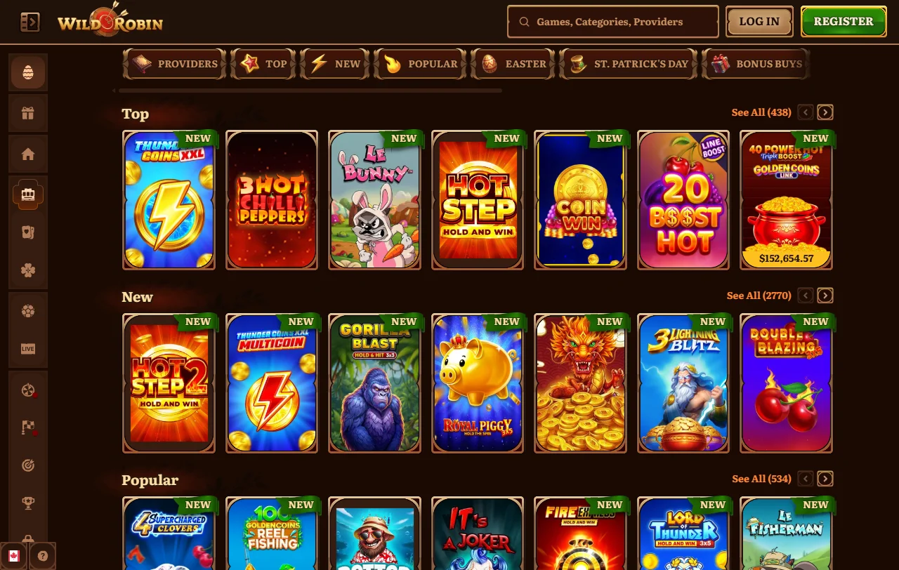 Wild Robin Casino games and live dealer selection in editorial context