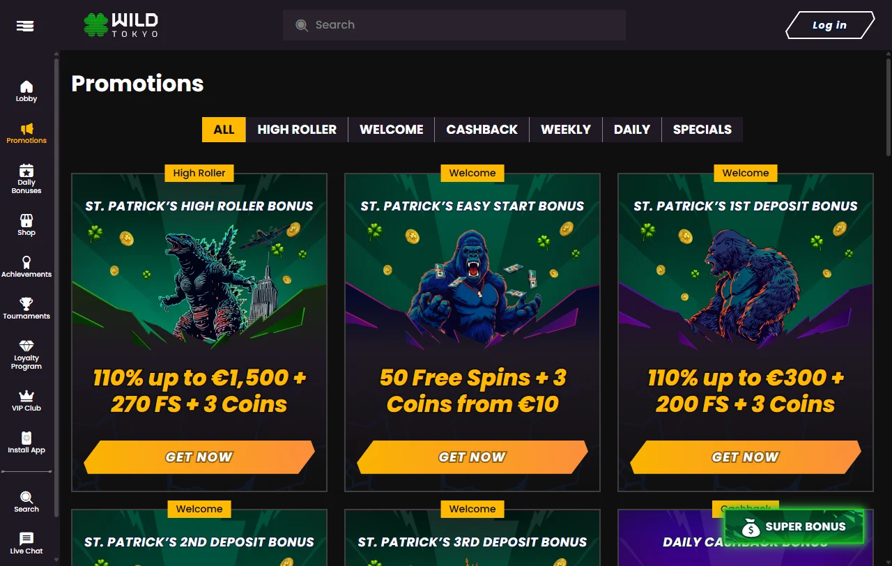 Wild Tokyo Casino games, live tables, and slot variety highlighted