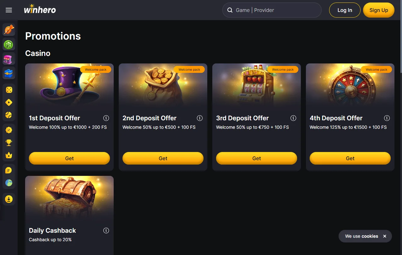 Winhero Casino games overview covering slots, table play and live options