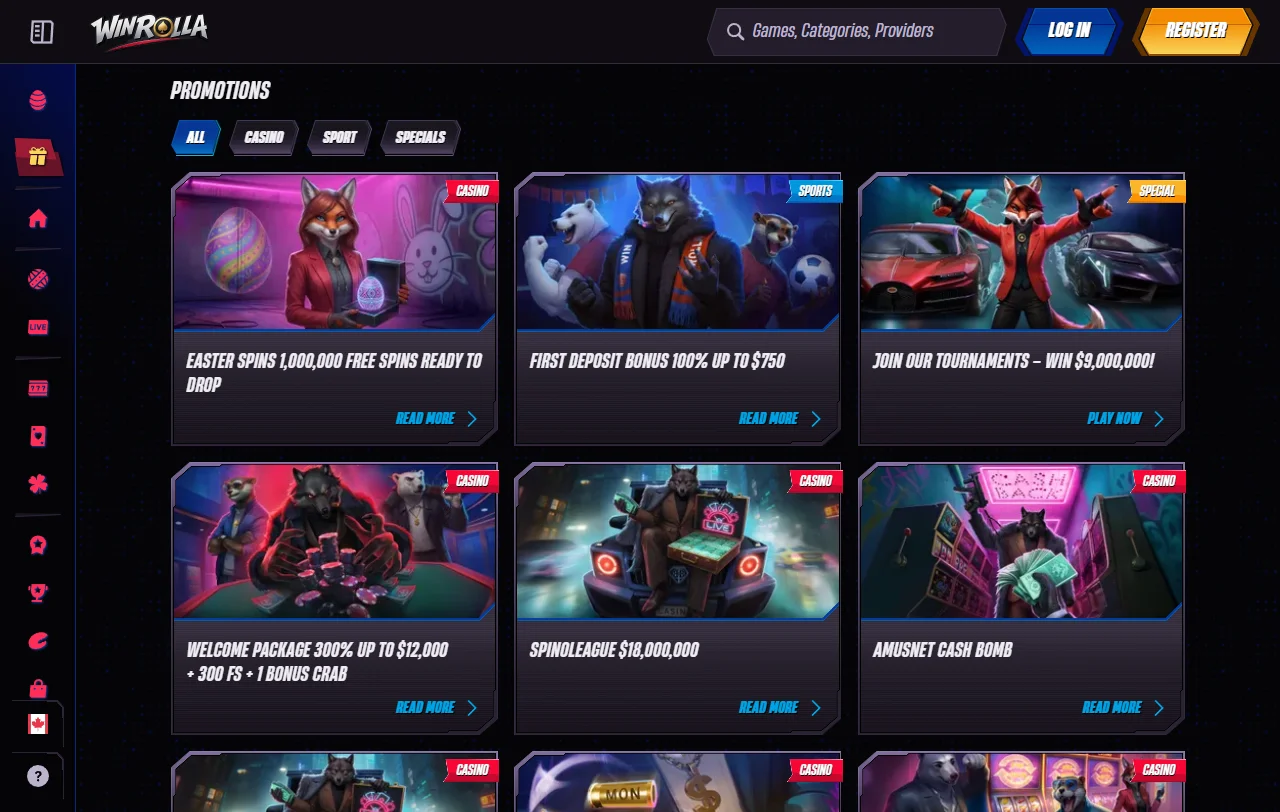 WinRolla Casino game selection review with slots, tables, and live content