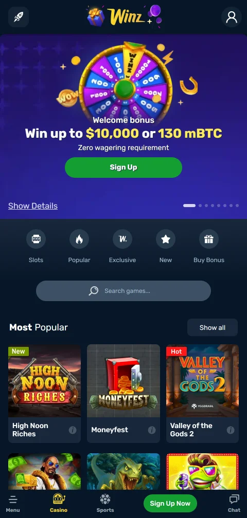 Winz Casino mobile access for iPhone and Android users