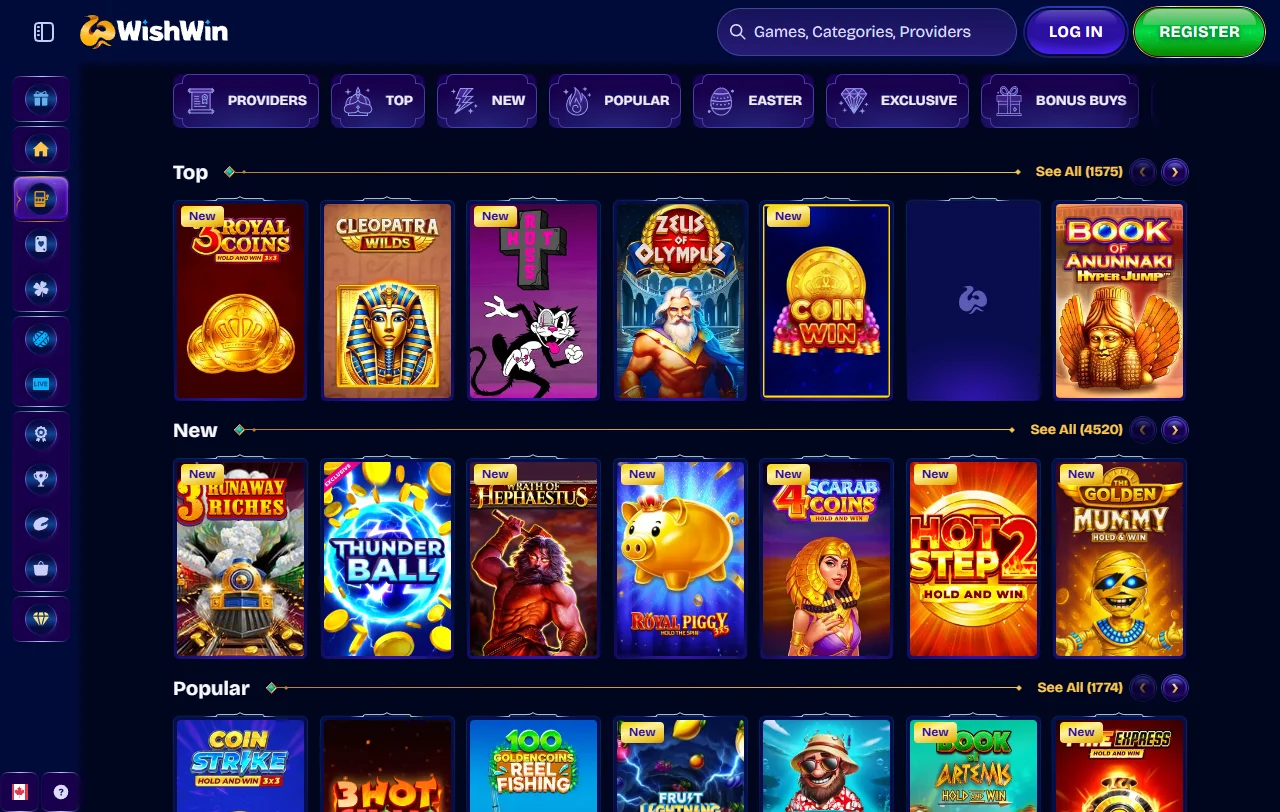 Wishwin Casino games and slots overview with provider variety
