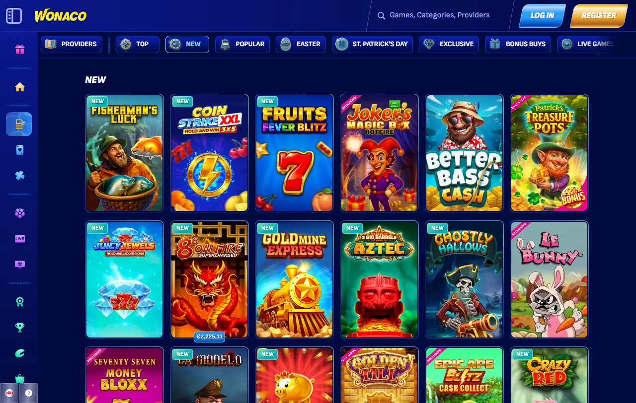 Wonaco Casino games overview with slots, tables, and live dealer options