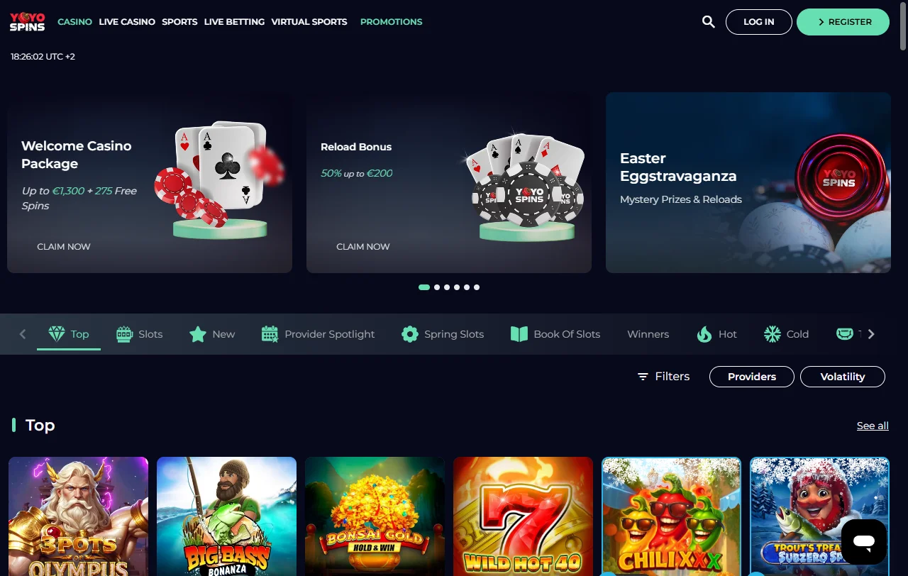 YoyoSpins Casino games library and live dealer coverage